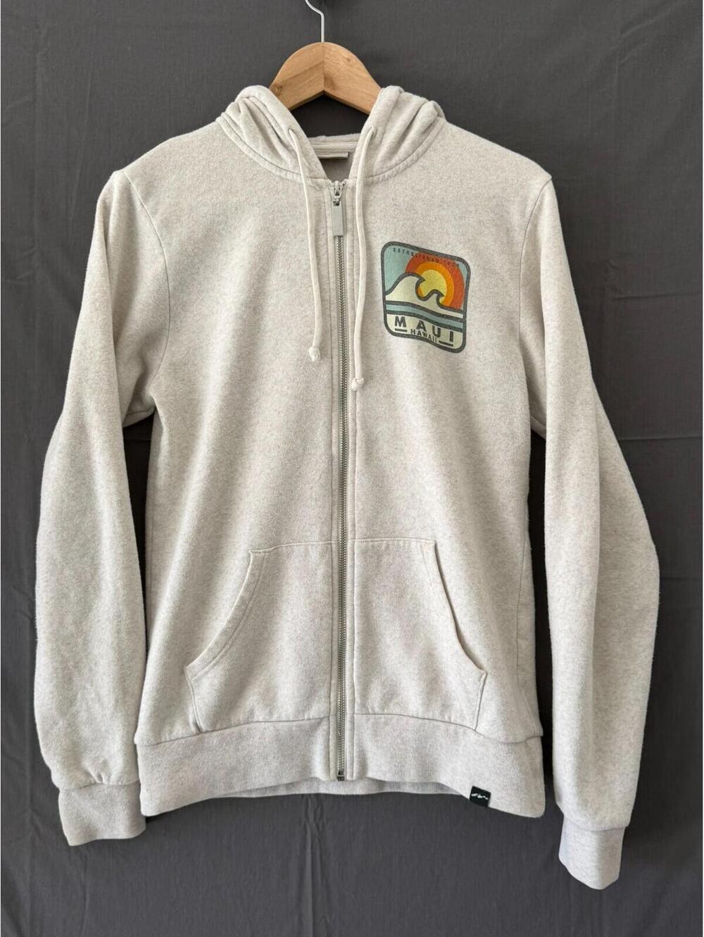 Techstyles Maui Hawaii Full Zip Hoodie Sweatshirt Mens Small Oatmeal Cream Graph